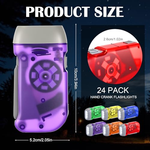 Image of Mudder 24 Pack Hand Crank Flashlight No Battery Emergency Flashlight, Self Powered Portable Light Dynamo Torch for Survival Kit Outdoor Hiking Emergency(Red, Blue, Purple, Orange, Yellow, Green)