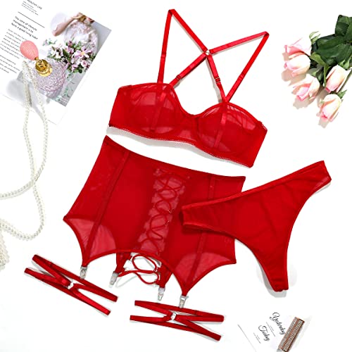 4Ufit Women's 3Pcs Sheer Mesh Lingerie Set High Waisted Cincher Garter Belt Matching Bra And Panty Set Red #TOP6