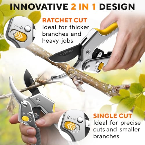 Image of Ratchet Pruning Shears for Gardening Heavy Duty - Increases Cutting Power 3x - Perfect Ratchet Pruners for Weak Hands & Arthritis - 8 inch Anvil Garden Clippers - Sharp Blade for Effortless Cutting-Yellow