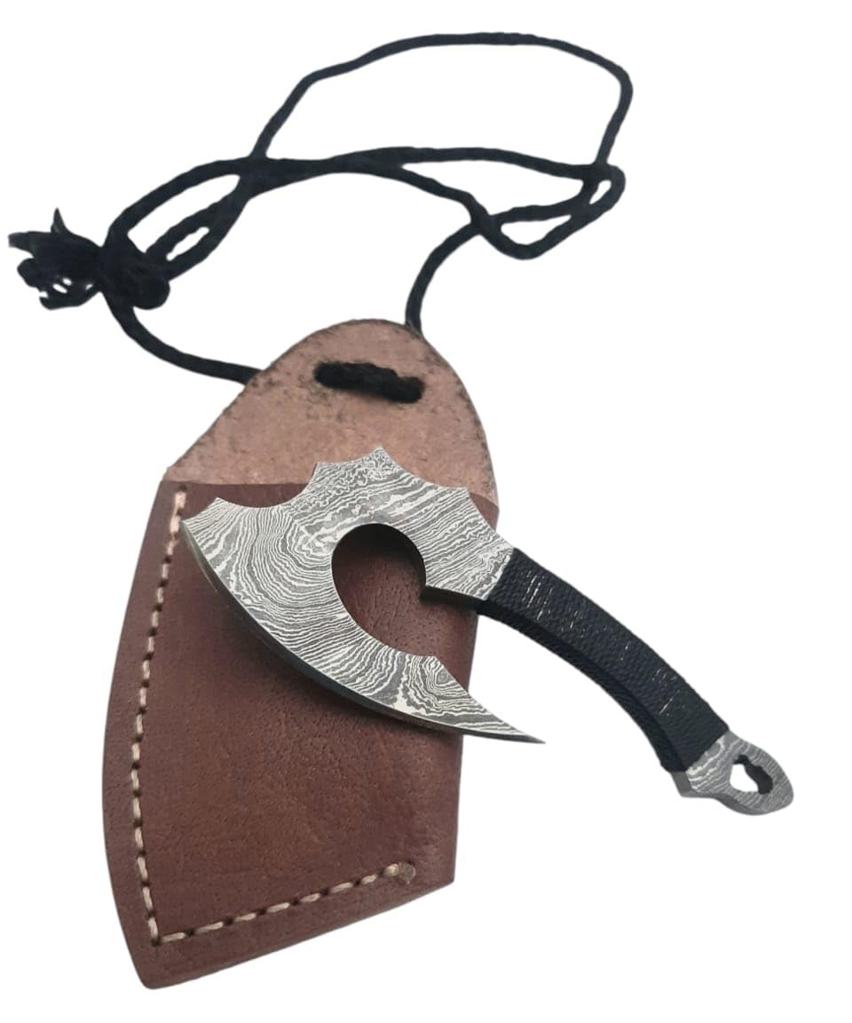 Zaby ZB-9898 Handmade Damascus Steel 3 inch Mini Axe, Full Tang Neck Knife with Leather Sheath for Camping, Outdoor Hunting,Tactical, Survival and EDC