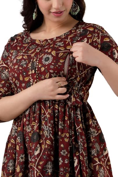 Women's Cotton Printed Maternity Kurti for Feeding Zippers Pregnancy Wear Nursing Dress