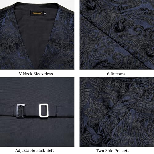 Image of DiBanGu Mens Vest and Tie Set Formal Paisley Waistcoat and Necktie Pocket Square Cufflinks Silk Suit Vest for Tuxedo Wedding
