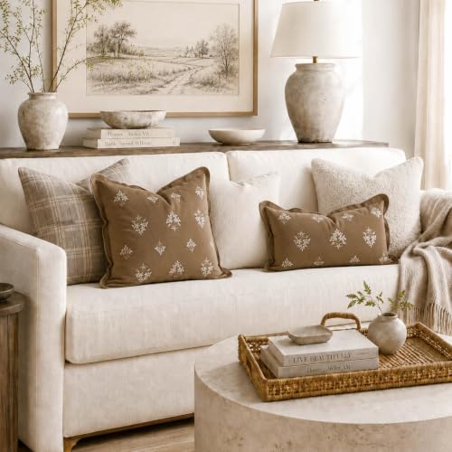 BlissBlush Lumbar Pillow Cover 12x20, Brown Velvet Decorative Lumbar Pillow Cover, Floral Accent Cushion Cover with Embroidery and Scalloped Edge for Couch Sofa Bed, Cover ONLY - image 3
