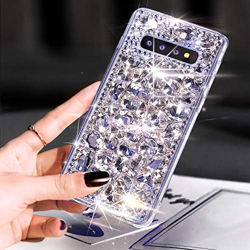 Galaxy S10 Plus Case,Galaxy S10 Plus Diamond Case Cover,ikasus 3D Handmade Bling Rhinestone Diamonds Luxury Sparkle Rhinestones Case Full Crystals Bling Diamond Case Cover for Galaxy S10 Plus,Silver