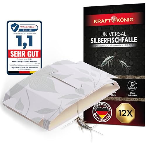 KRAFTKÖNIG Premium Silberfischfalle - 12x Silberfische bekämpfen - Papierfische bekämpfen - Klebefalle gegen Silberfische - Alternative zu Silberfisch Köderdose und Silberfisch Spray
