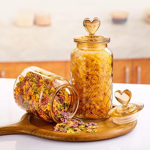 Image of MARTVIA Brown Glass Food Storage Jars with Glass Lids 1000ml Set of 2, Love Heart Handle Lid Jar for Home Kitchen,Flour, Sugar, Coffee, Pasta,Grains,Cookies, Snacks (Heart 1000 ML Jar, SET OF 2)