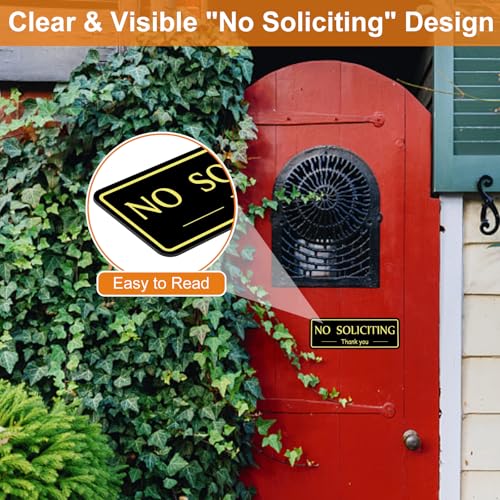 Image of MOWPOG 2 Pack No Soliciting Sign Sticker for House Front Door, Black /Gold | 7.9 inchx2.8 inch Thick Acrylic, Strong Self-Adhesive, Weatherproof & Sturdy, for Home, Office, Wall, Keep Solicitors Away