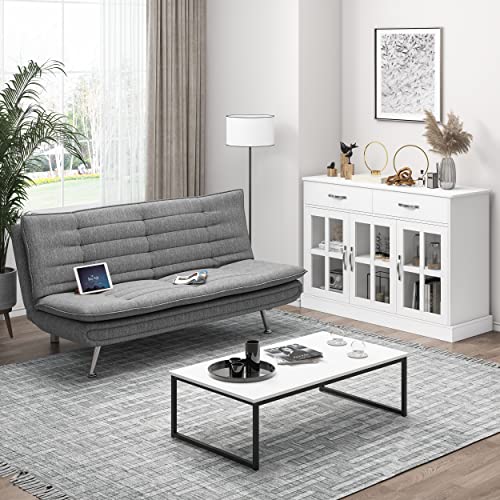 Modern Convertible Futon Sofa Bed, Folding Couch Bed Futon Couch Sofa With Metal Legs And Cotton Linen Fabric For Studio Apartment Office, Gray #TOP3