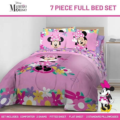 Image of Disney Minnie Mouse Full Size Comforter Set 7 Piece Kids Bedding, Pink | Bed in a Bag, Comforter Sheets Shams Pillowcases, Official Brand, Soft Microfiber, Machine Washable, Girls Gift