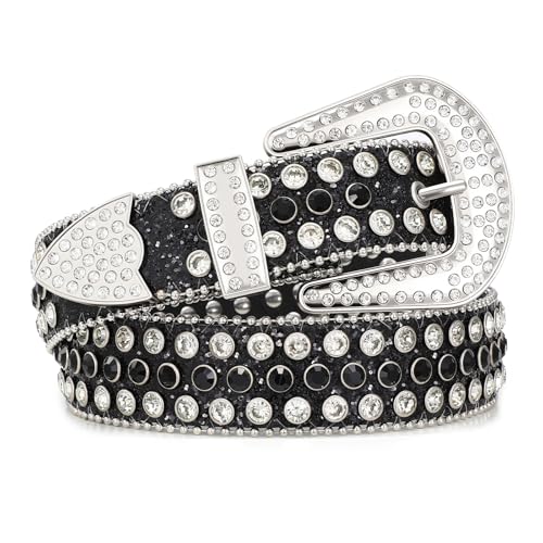 Image of Women Fashion Rhinestone Belt SUOSDEY Western Cowgirl Bling Studded Design Leather Diamond Belt for Jeans Dress, 05-black(silver Buckle), S：fits pants size 28''-32''