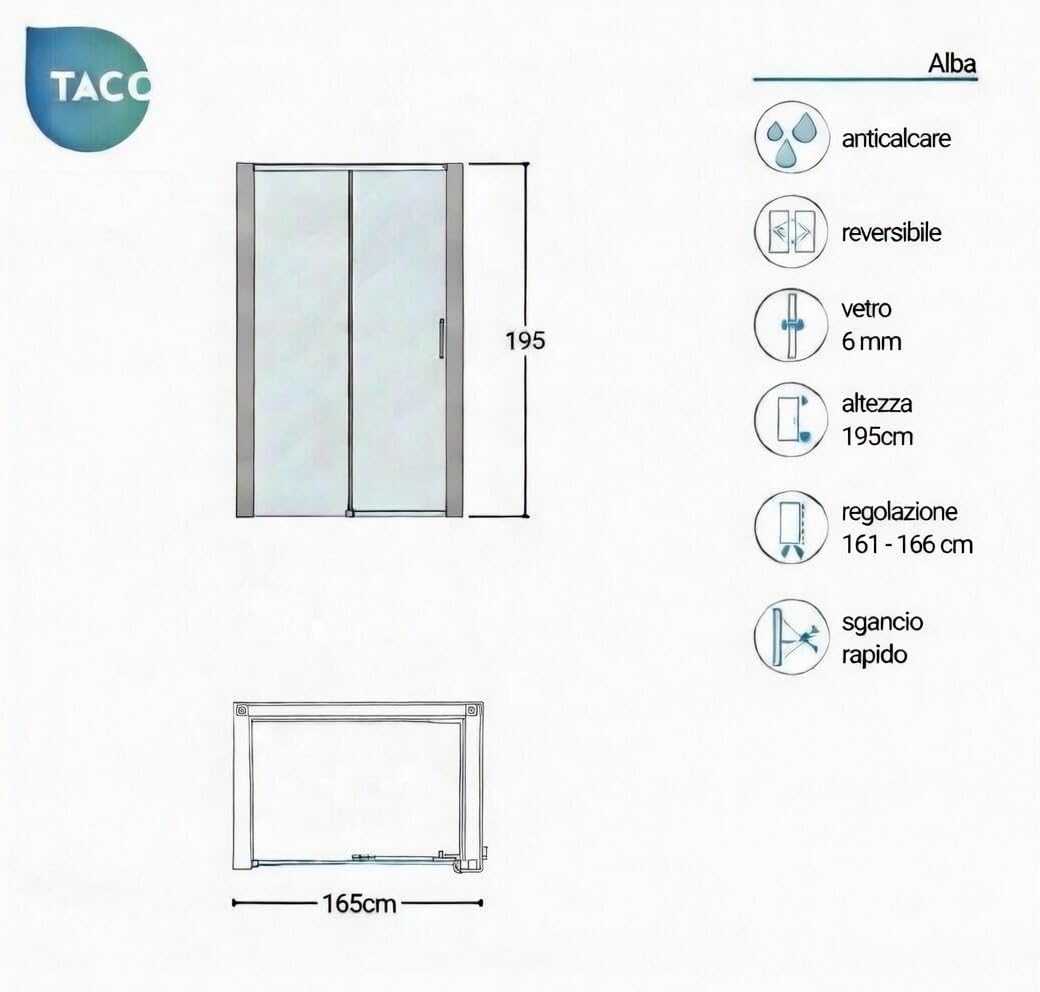 Box doccia a nicchia 165 cm porta scorrevole apertura laterale H195 cm ALBA Cromato