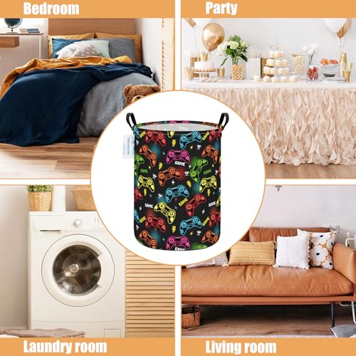 Image of Round Laundry Basket Collapsible Storage Hamper Organizer Game | Waterproof Canvas Foldable Baskets with sturdy Handles Multi-scene Organizer for Home Play Bedroom Gift Bin