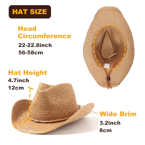 Image of DRESHOW Straw Cowboy Cowgirl Hat for Women Men Western Coastal Cowboy Beach Hat with Shapeable Brim Unisex Rolled up Caps