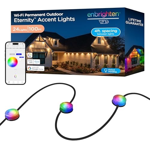 Enbrighten Eternity Accent Permanent Outdoor Lights, 100ft with 24 RGBWIC LED Lights, App‑Controlled, Cuttable, Christmas, Accent & Year‑Round Eave Lighting, Works with Alexa & Google Home, 85714
