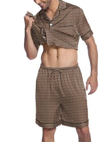 Image of Ekouaer Mens Satin Pajamas Set Button-Down Short Sleeve Shirt Top Soft Silk Sleepwear Shorts with Pockets