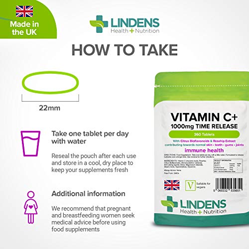 Lindens - Vitamin C+ 1000Mg Time Release, 360 Tablets - 1 A Day, Uk Made - Skin, Teeth, Joints And Immune Health, Combats Tiredness And Fatigue - Vegan - 4