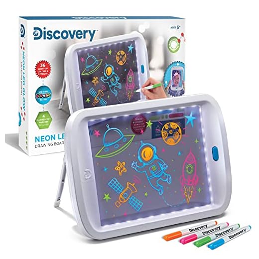 Discovery Kids Neon LED Glow Drawing Board with Translucent See-Through Surface and Stand, 4 Fluorescent Markers
