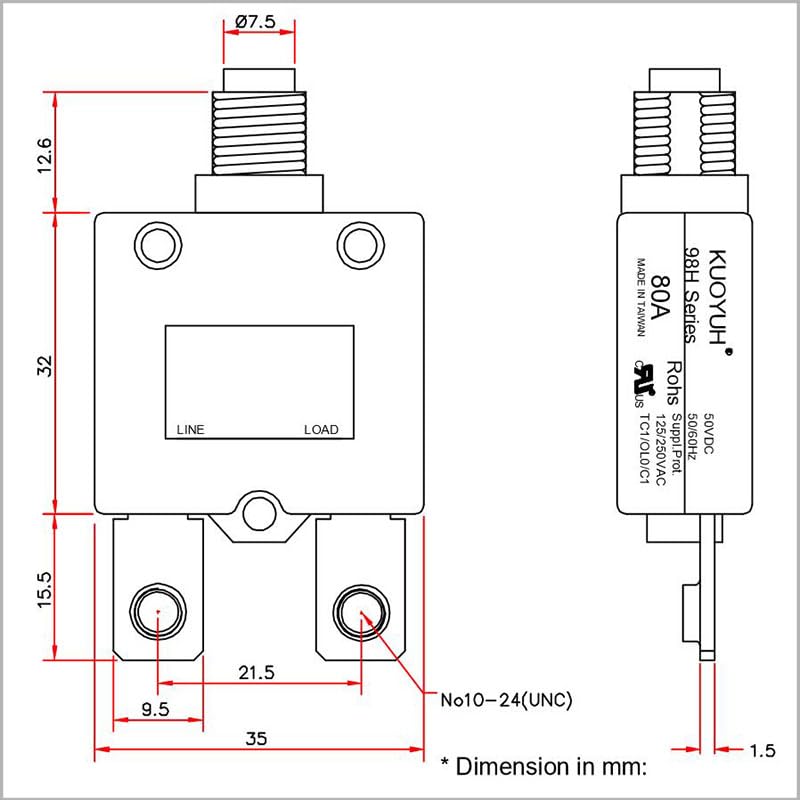 98H Series 40 Amp Electric Button Breaker 125/250V AC 50V DC, Circuit Breaker Thermal Overload Protector 98 Series with Quick Connect Terminals, Manual Reset, Waterproof Button Cap