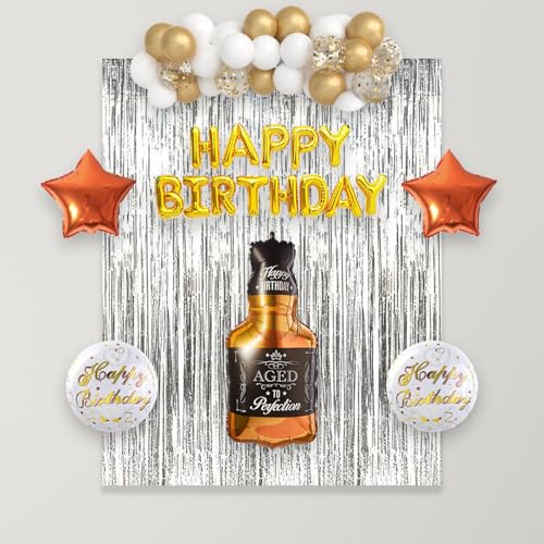 Image of 1iAM Aged Happy Birthday Decoration Combo Pack of 53 - 51pcs Balloons & 2pcs Foil Curtains for Aged Birthday Party | Retirement Party Decoration | Aged to Perfection Balloon | Whiskey Bottle