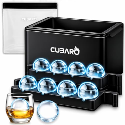 Clear Ice Ball Maker with Bonus Freezer Bag | 8 Large 2' Crystal Clear Ice Spheres | Premium Hard Shell Directional Freezing Mold | Slow‑Melt Ice Balls by CUBARO