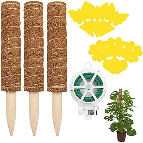 ANGELIOX 47 Inch Moss Pole, 3 Pack 15.7” Coco Coir Poles with 65FT Twist Tie and 6 Pcs Sticky Traps, Coir Moss Plant Stick for Climbing Indoor Plants,Plant Support Extension, Creepers,Monstera(40cm) Cover