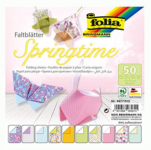 folia 497/1515 - Faltblätter Springtime 15 x 15 cm 80 g/qm 50 Blatt sortiert in 10 Motiven - ideal für wunderschöne Faltfiguren und -formen