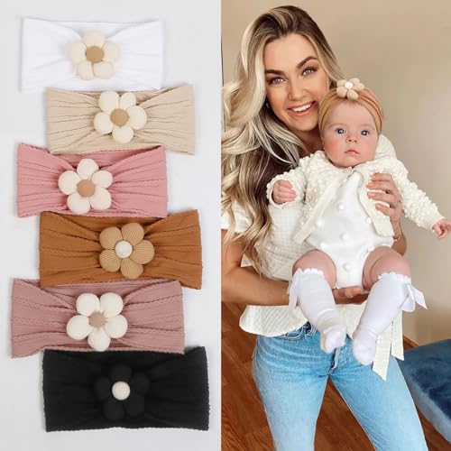 Image of Huachi 6 Pcs Handmade Flower Baby Headbands Super Stretchy Soft Knot Headbands Nylon Toddler Hairband Accessories for Newborn and Toddler Kids