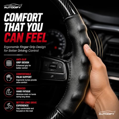 Image of Stitchable Carbon Fiber Steering Wheel Cover with Leather Protection | Universal Fit, Anti-Slip, Breathable, Comfortable Grip, Durable & Stylish for Cars | Easy Install with Black Stich
