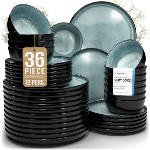 Image of 36 Piece Stoneware Dinnerware Set for 12, Handmade Plates and Bowls Set | Reactive Glaze Coating, Dishwasher & Microwave Safe Dish Set, Chip & Scratch Resistant Dishware Set, Ibiza Petrol Blue