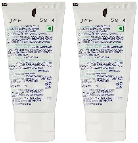 Image of Chicco Toothpaste for Kids, Best for Baby (6m-6y), Apple-Banana Flavour, 50g (Pack of 4) | Fluoride-Free & Low Abrasive | Removes Plaque, Helps Prevent Cavities | IDA Accepted