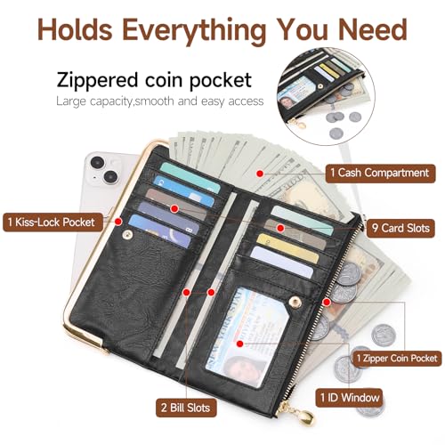 Image of GOIACII Womens Wallet Kiss Lock Bifold Leather Wallets for Women Black | Vintage Wallet for Women,Ladies Clutch Purse,Women's Card Holder Wallet with Zipper
