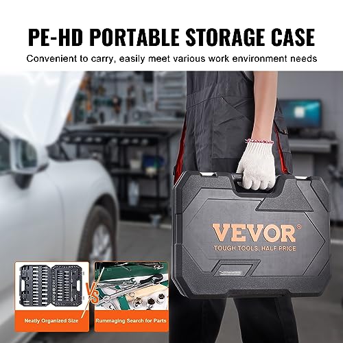 Image of VEVOR Socket Set, 1 /4 inch and 3 /8 inch Drive Socket and Ratchet Set, 6-Point Socket Opening, 106 Pcs Tool Set SAE and Metric, Deep and Standard Sockets, 5 /32-1 in, 5-19 mm, with Accessories, Storage Case