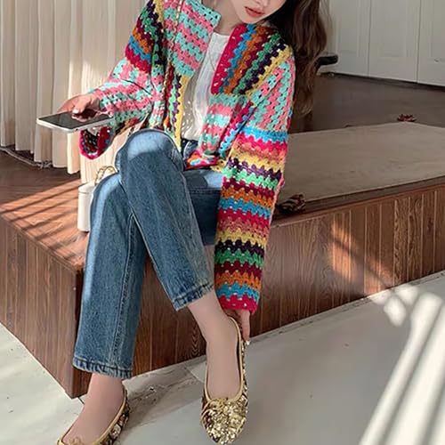 CORIRESHA Women's Boho Crochet Colorful Cardigan Open Front Long Sleeve Knit Multicolor Sweater4