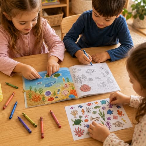 Image of Animal Habitat 500+ Kids Sticker & Coloring Activity Book, 12 Animal Scenes & 12 Coloring Pages, Stick Match Colour & Discover, A5 Landscape Travel Activity Book for Ages 2-8 Years