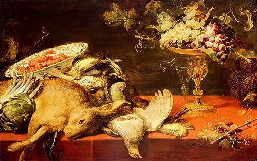 Pintura sobre lienzo con diseño de bodegón clásico de frutas y animales en formato de 60x90cm.