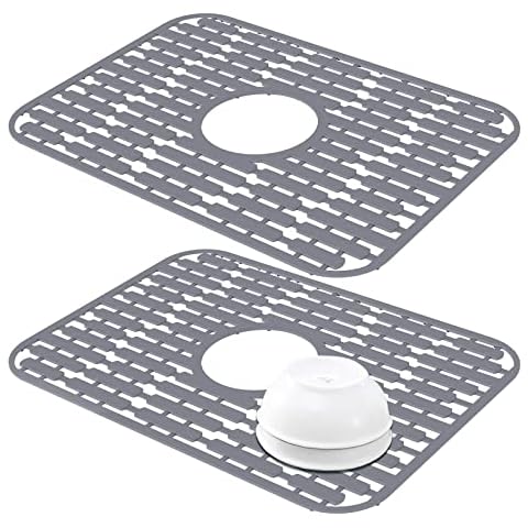 JUSTOGO Sink Mat 18'' x 12.8'', Silicone Sink Protectors for Kitchen Sink Grid Accessory, Kitchen Sink Mats for Bottom of Kitchen Farmhouse Stainless Steel Porcelain Sink, Center Drain (2 PCS) Cover