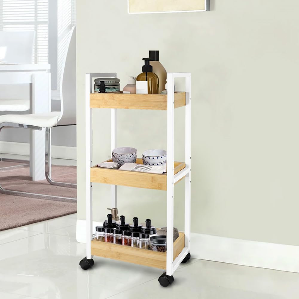 LANTUS Étagère Mince de Salle de Bains, Gain de Place, Bambou, Chariot de Rangement à 3 Niveaux sur roulettes,Étagère Debout 3 paniers dim. 30L x 20l x 80H cm-Blanc