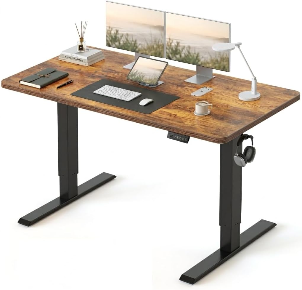 CubiCubi Electric Standing Desk Height Adjustable, 47.2 x 23.6 Inches Home Office Computer Desk, Sit to Stand Up with Memory Presets, Rustic Brown