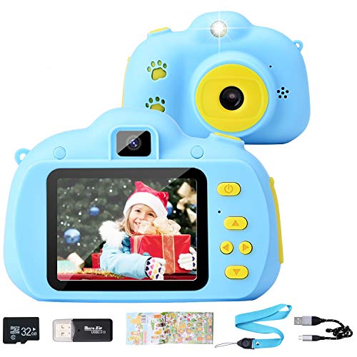 Hangrui Cámara para Niños, HD Doble Objetivo Juego Video Cámara de Fotos Digital con Tarjeta de Memoria de 32GB, Pantalla de Protección Ocular IPS de 2,4 Pulgadas, a Prueba de Golpes (Azul)