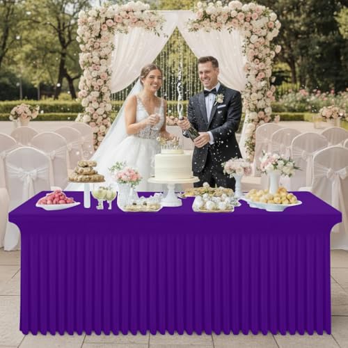 Image of Smiry Spandex Elastic Fitted Table Cloth Skirt for 4FT Rectangle Table | Stretch Washable Table Cloth, Banquet Table Cover for Wedding, Party, Indoor & Trade Shows, (Purple, 48Lx30Wx30H)
