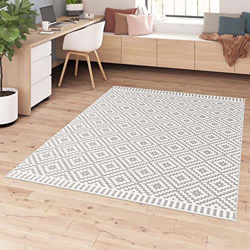 BALTA Tapis Exterieur, Tapis Tissé Plat idéal pour l'Extérieur sur la Terrasse ou à l'Intérieur dans Un Salon - Chambre, Tissage Mécanique - Motif géométrique, Polypropylène, 80 x 150 cm, Gris