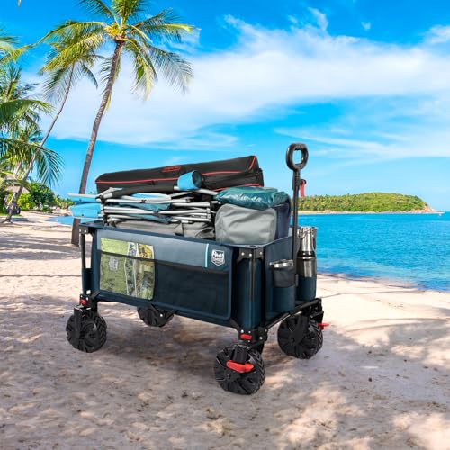 Image of Timber Ridge Outdoor Collapsible Wagon with Brakes Utility Folding Cart Heavy Duty All Terrain Wheels for Shopping Camping Garden with Side Bag and Cup Holders, Blue