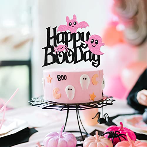 Happy Boo Day Cake Topper Halloween Cake Decoration Hallows Ghost Spider Bat Spooky Horror Theme Hallows Eve Cake Decor For Girls Women Lady Bday Party Event Celebration Supplies Glitter Black Pink #TOP6