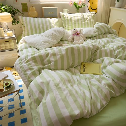 Image of EAVD Green Striped Duvet Cover King Soft Washed Microfiber Chic Vertical Striped Bedding Set with 2 Pillowcases Reversible Farmhouse Geometric Duvet Cover with Zipper Closure