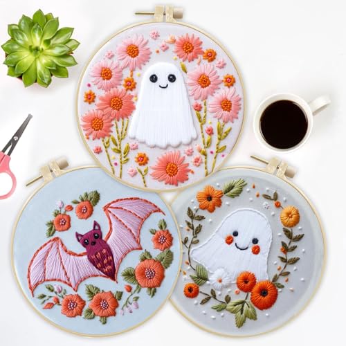 Image of LB Pink Halloween Embroidery Kit for Beginners Adults, 3 Sets Hand Embroidery Starter Kit with Ghost Pattern and Instructions Stamped Cross Stitch Kits Include Embroidery Hoop Needles Threads Scissors