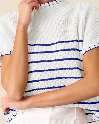 Women's 2025 Fall Winter Striped Short Sleeve Sweater Mock Neck Ribbed Trendy Knit Pullover Vest Tops4