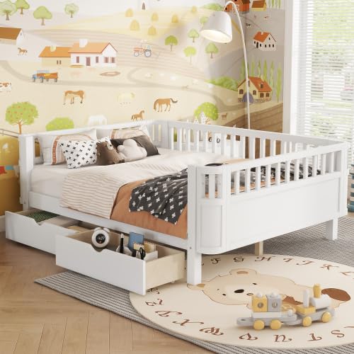 Full Size Kids Bed Frame, Low Profile Montessori Bed Full with Rails, Wood Daybed with Storage Drawer for Girls & Boys, No Spring Box Required, No Squeaks, White