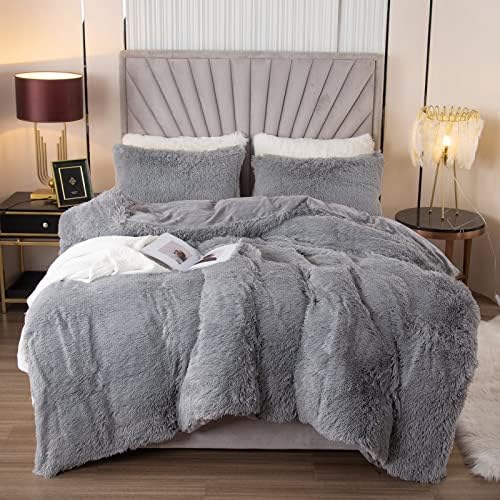 EMME Luxury Fuzzy Plush Shaggy Duvet Cover Set King Size 3 Pieces Fluffy Comforter Cover Set for King Bed Soft Bedding Duvet Covers (Grey, King)