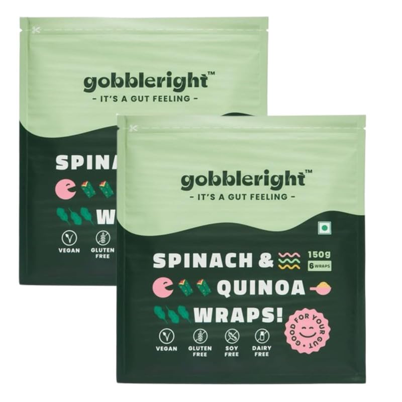 Image of GOBBLERIGHT Spinach & Quinoa Wrap 150g (6 Wraps - Pack of 2) | Low GI & High in Protein | Plant Based & Fibre Packed | Gluten Free & Vegan | Healthy Frozen Tortilla for Burrito, Wraps, Tacos