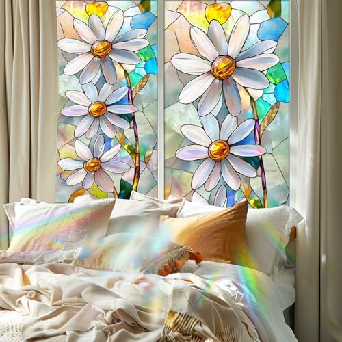 Image of Nuxovilar Gothic Rainbow White Flower Pattern Window Film 17.5x39.3 PVC | White Flowers, Gothic Cling rainbow floral decal, glass door wrap for living room bedroom balcony (White Floral)